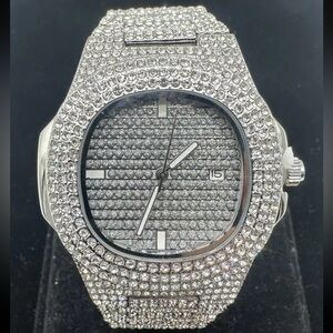 Iced-Out Silver Tone Full Bust Down Crystal Watch